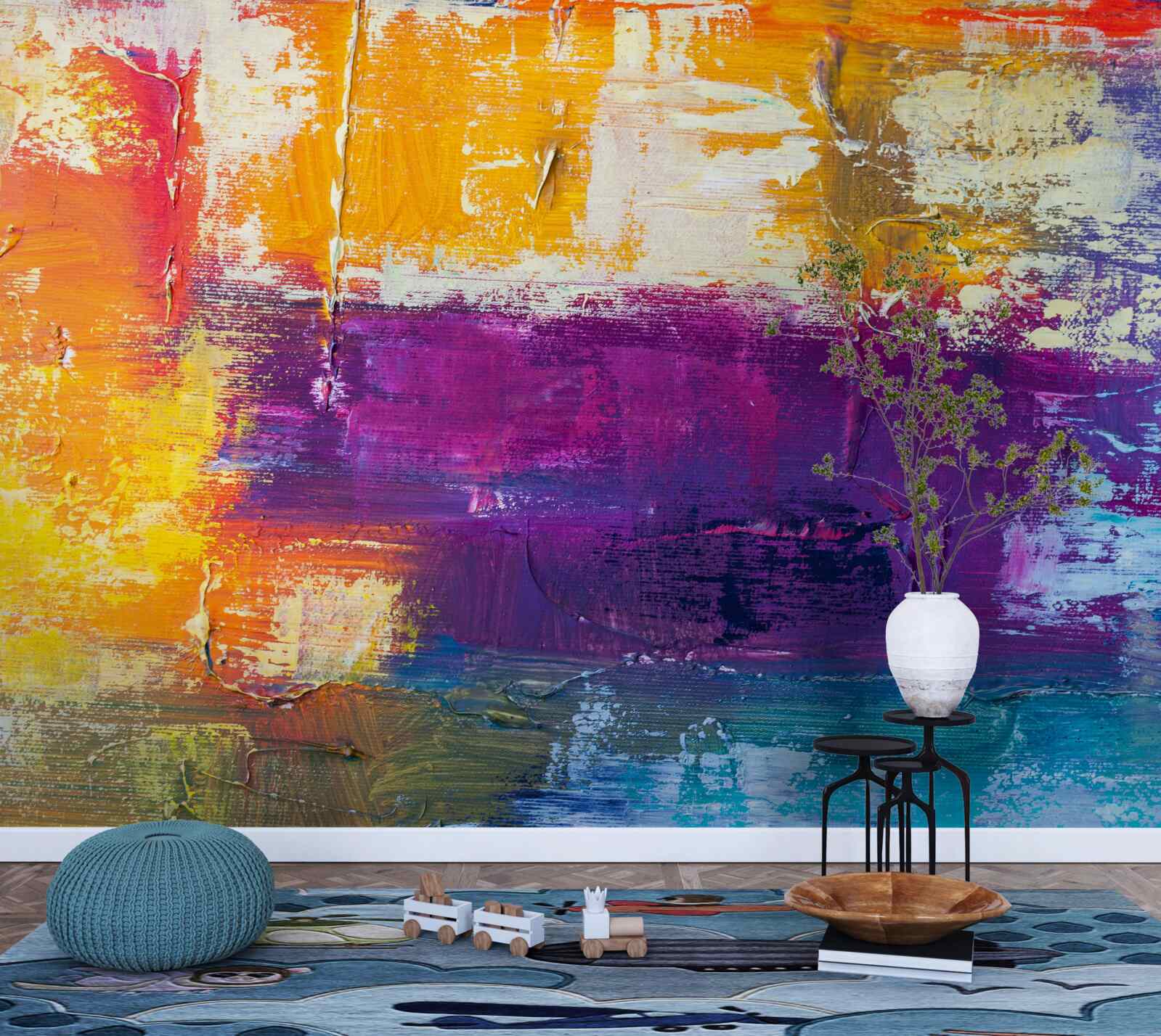 Fototapet cabană la apus de soare lângă iaz