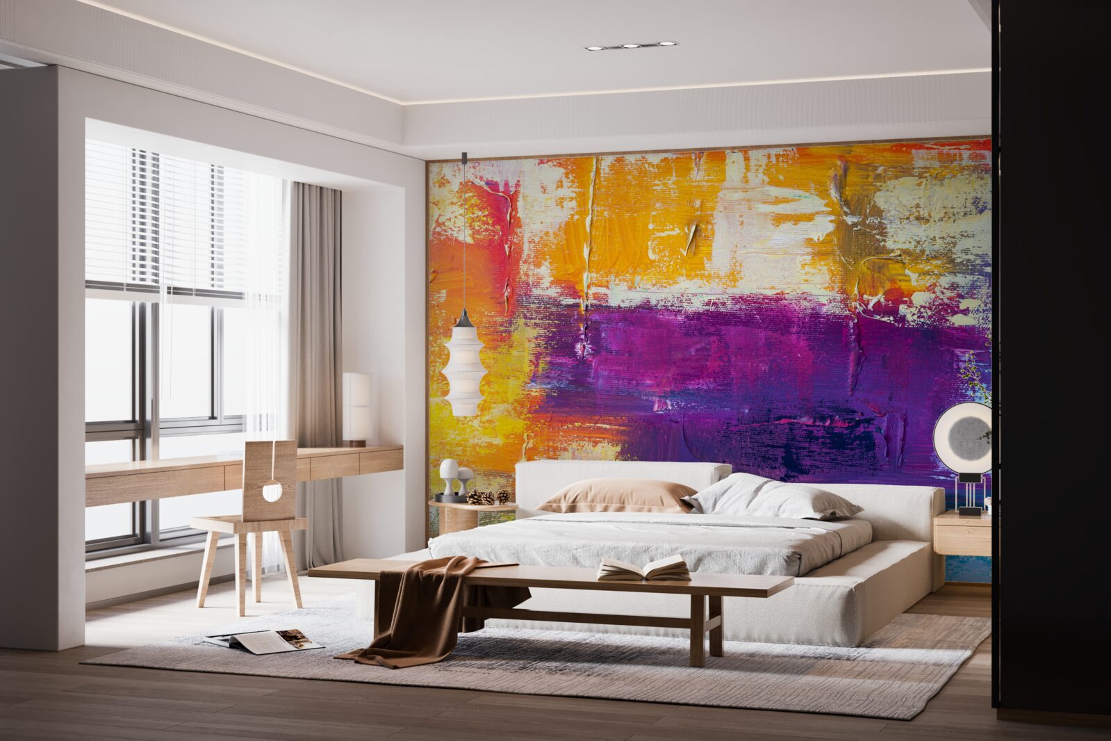 Fototapet cabană la apus de soare lângă iaz