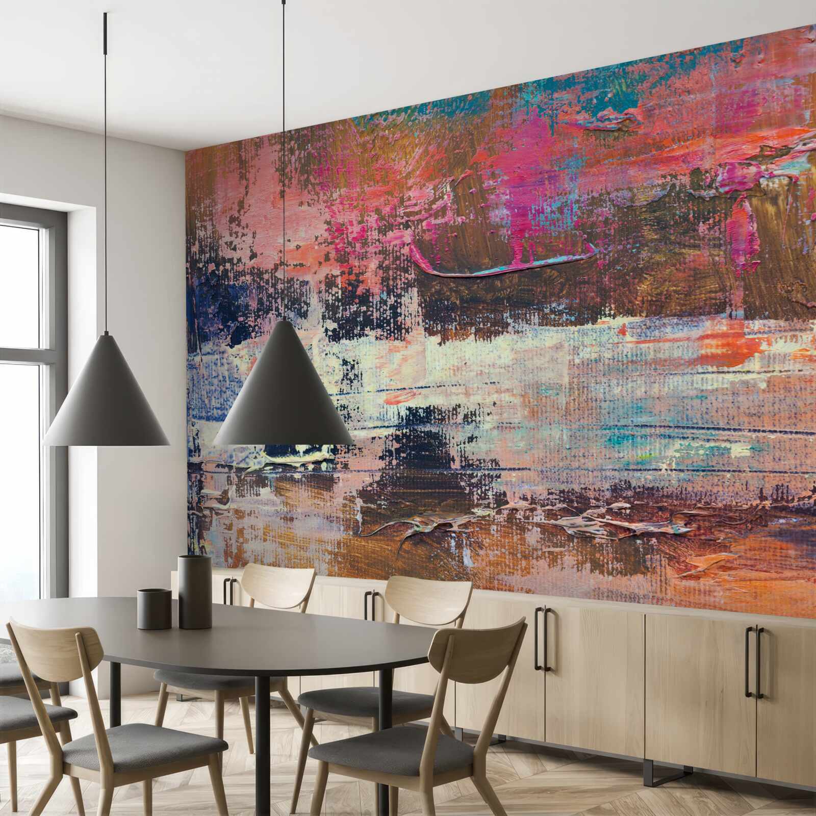 Fototapet apus de soare în pădure, pictat în nuanțe de roz