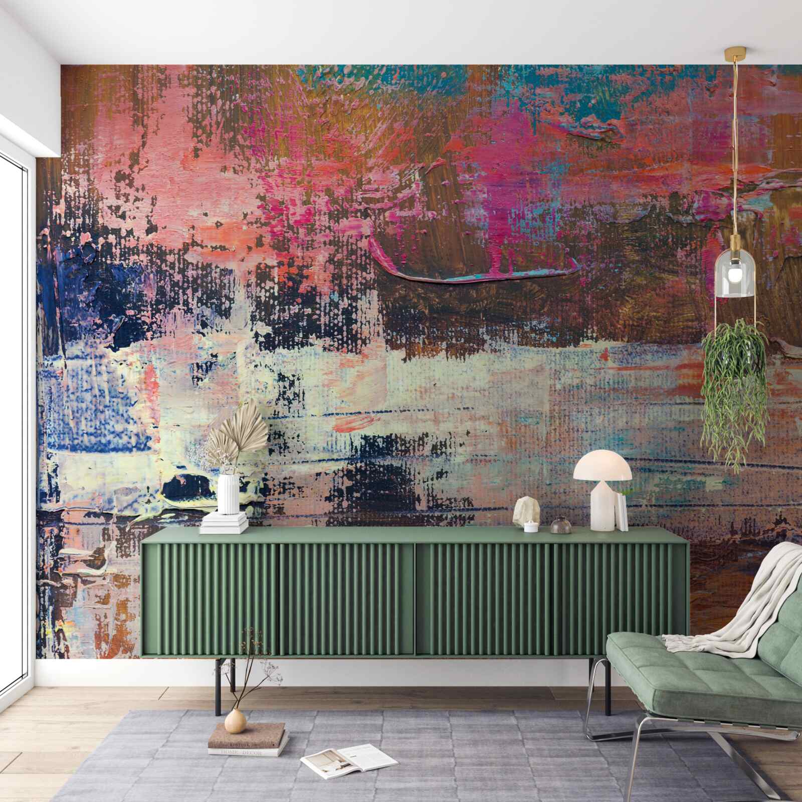 Fototapet apus de soare în pădure, pictat în nuanțe de roz