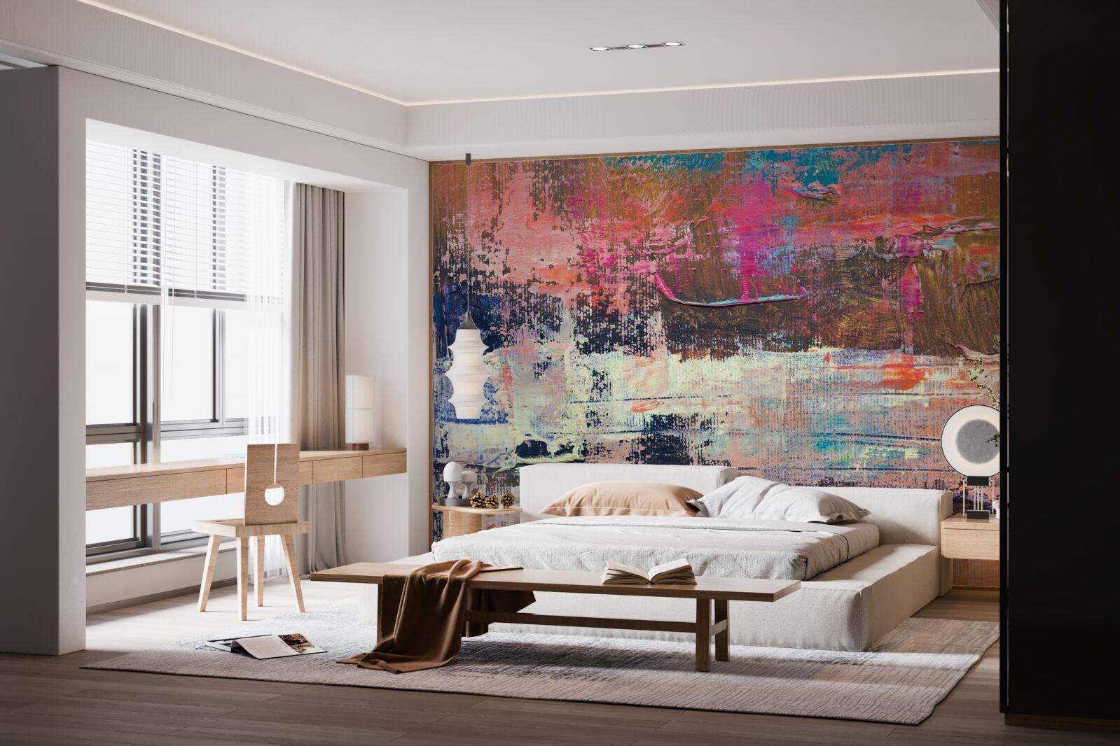 Fototapet apus de soare în pădure, pictat în nuanțe de roz