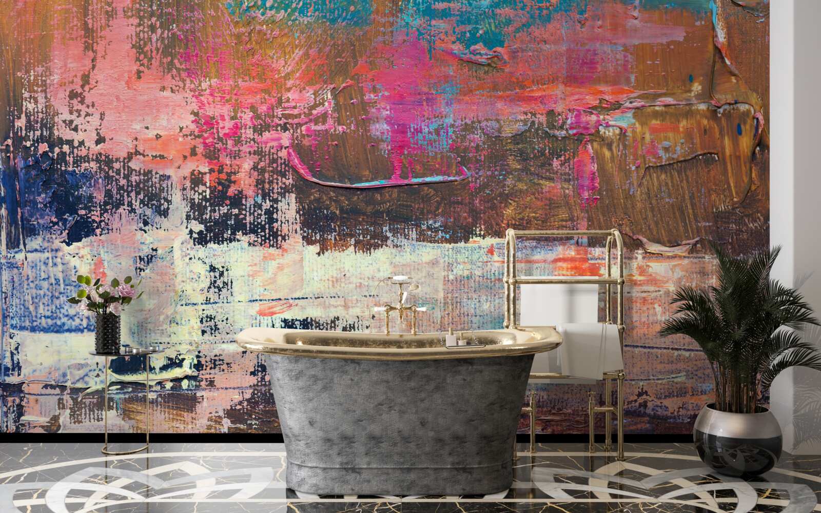 Fototapet apus de soare în pădure, pictat în nuanțe de roz