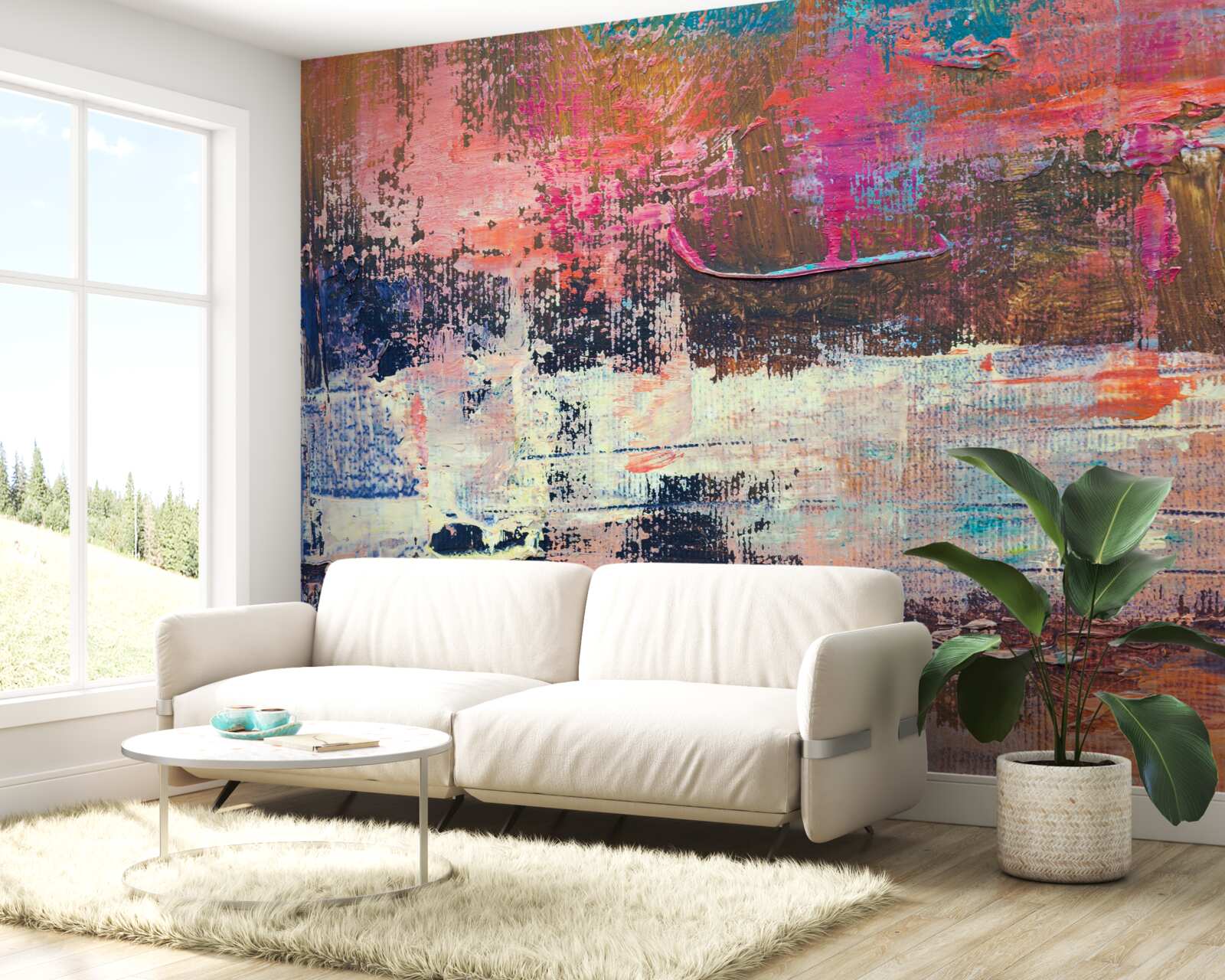 Fototapet apus de soare în pădure, pictat în nuanțe de roz