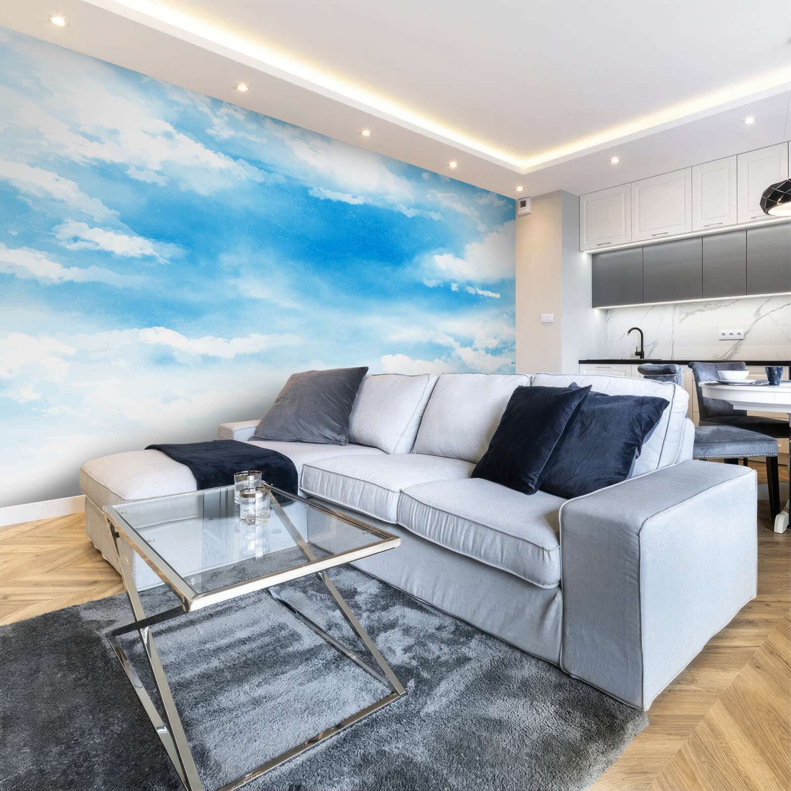 Fototapet cerul albastru este decorat cu nori albi