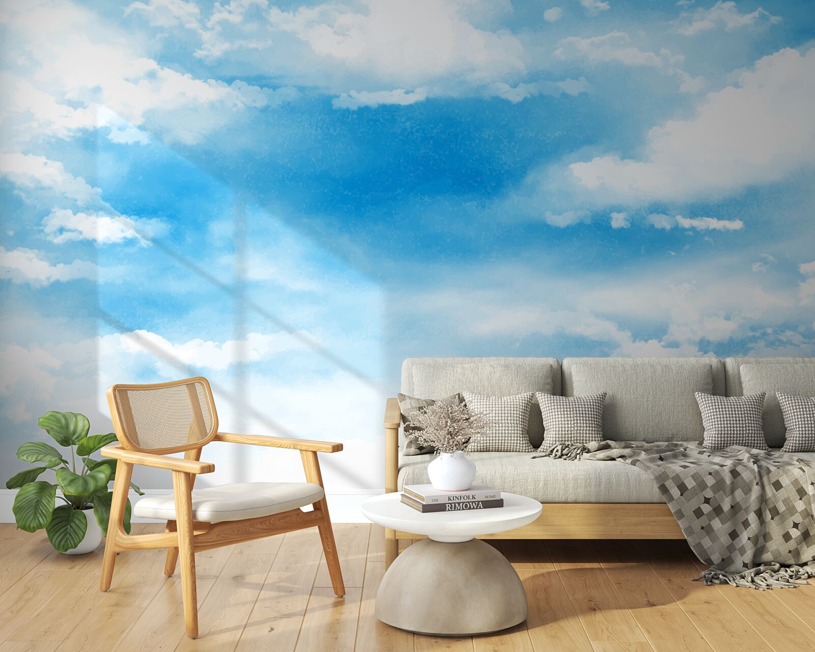 Fototapet cerul albastru este decorat cu nori albi