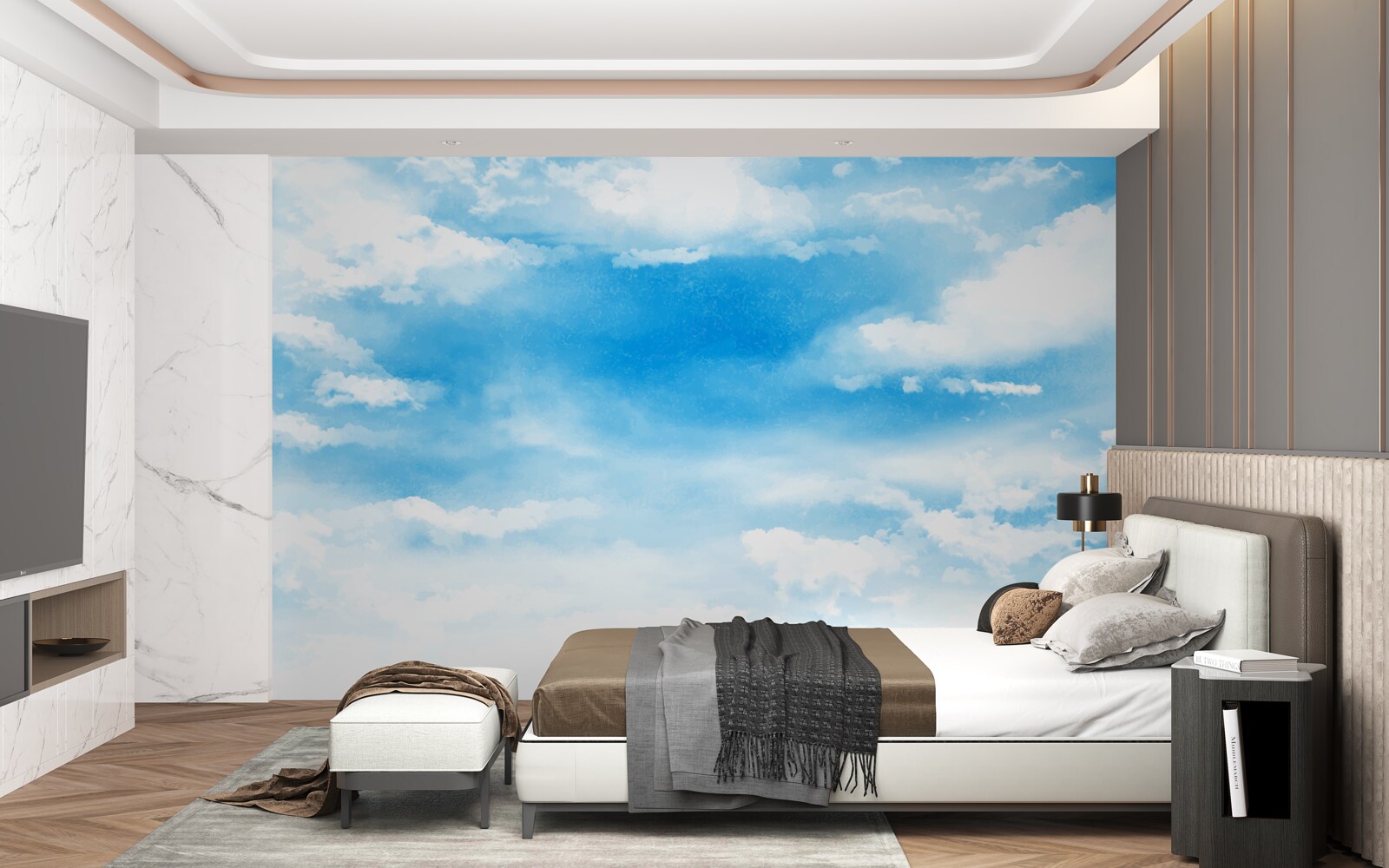 Fototapet cerul albastru este decorat cu nori albi