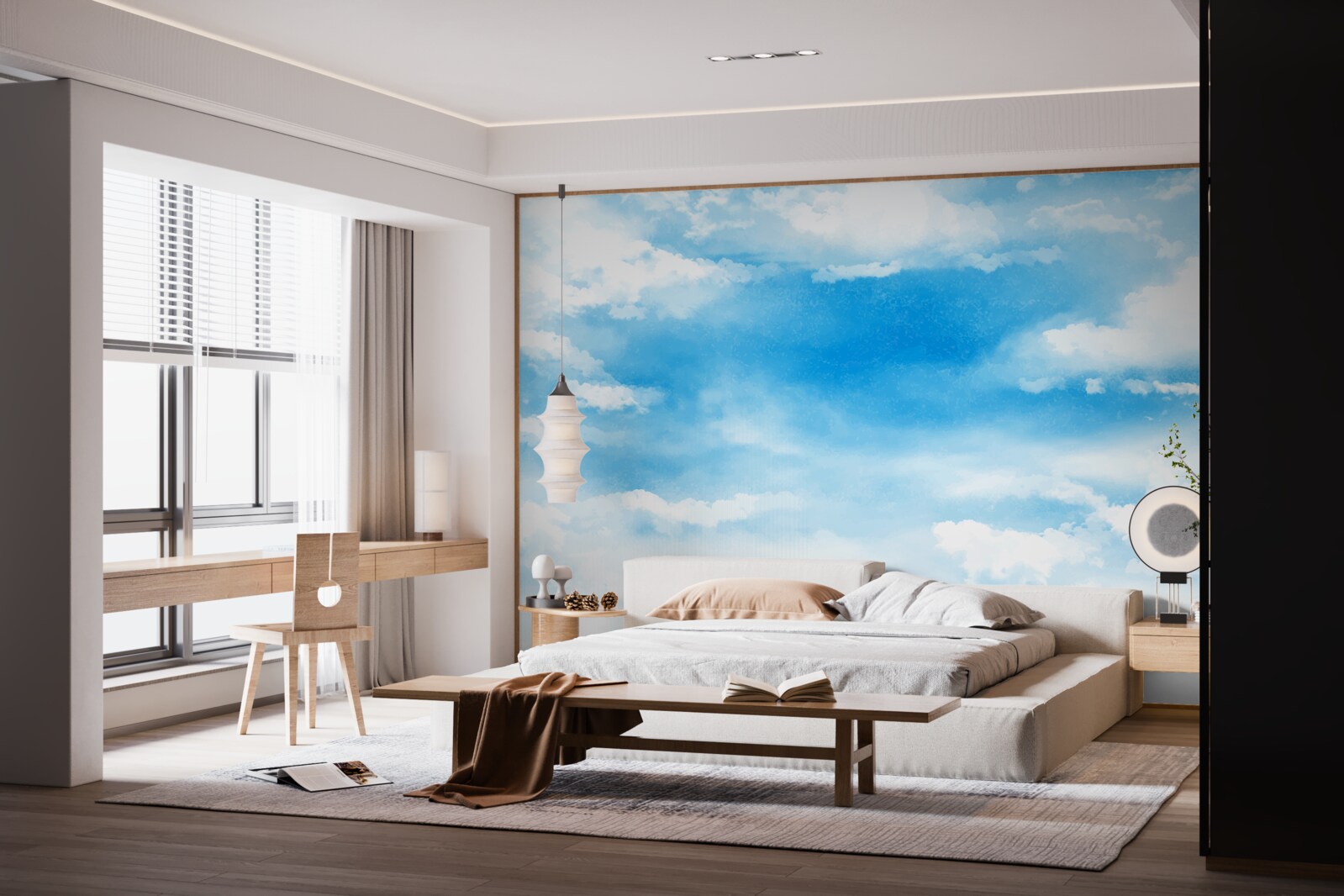 Fototapet cerul albastru este decorat cu nori albi