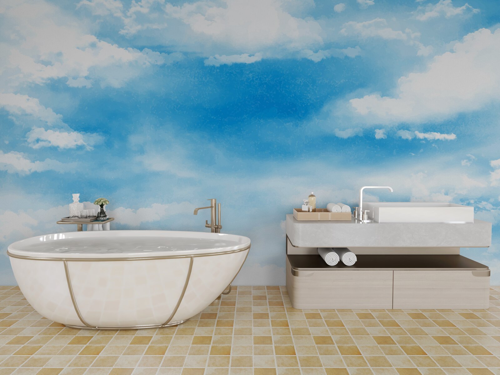 Fototapet cerul albastru este decorat cu nori albi