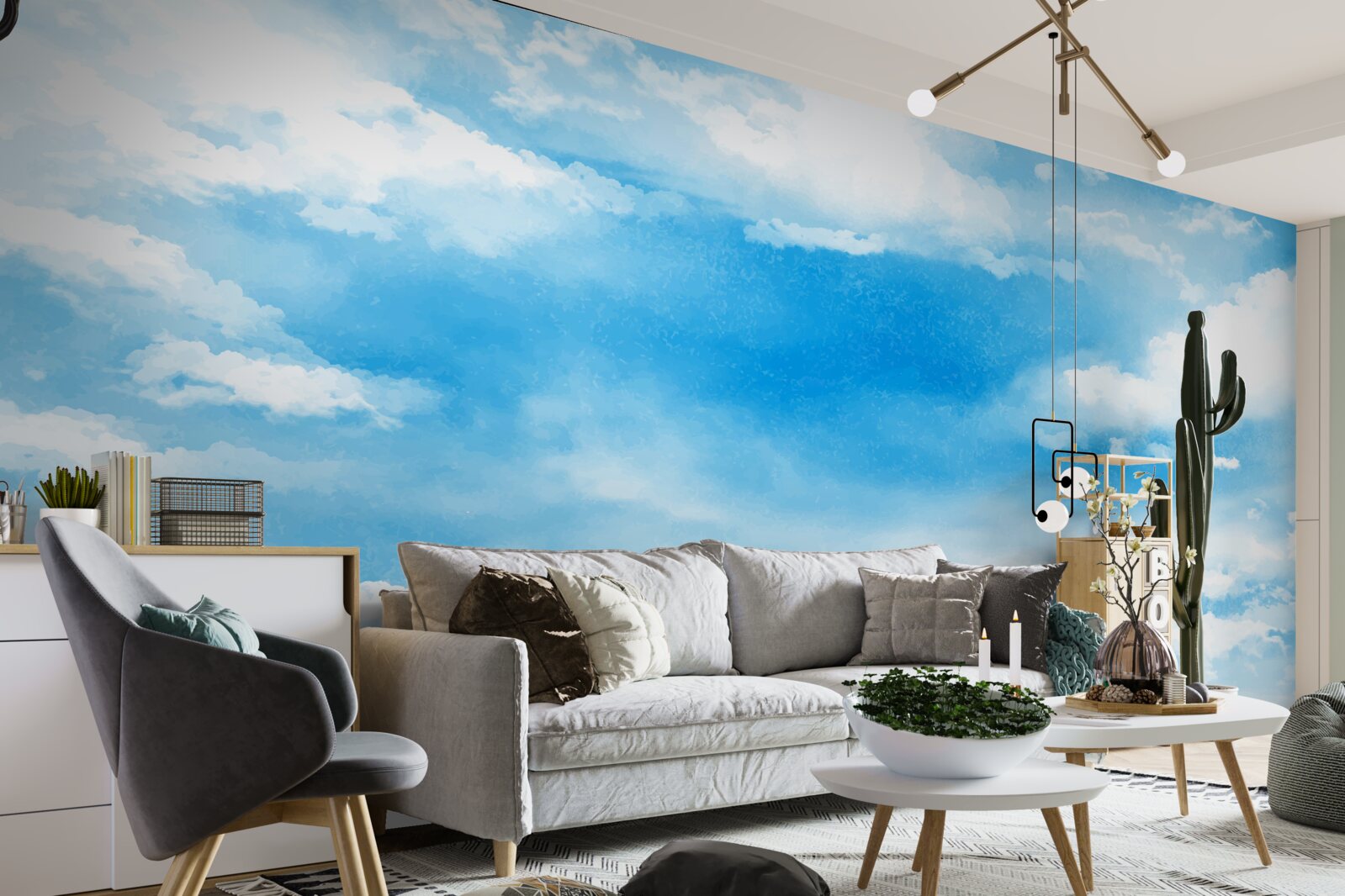 Fototapet cerul albastru este decorat cu nori albi