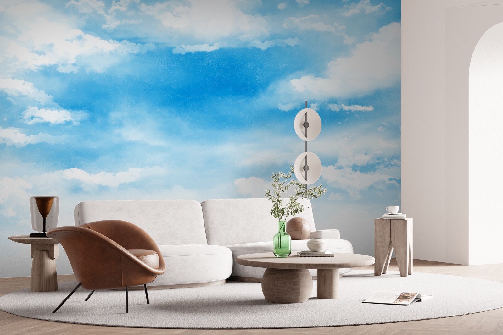 Fototapet cerul albastru este decorat cu nori albi