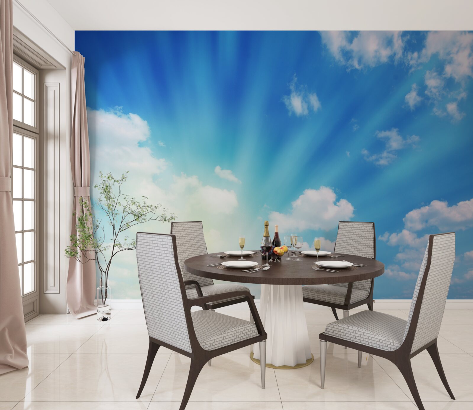 Fototapet razele strălucitoare ale soarelui strălucesc pe cerul albastru