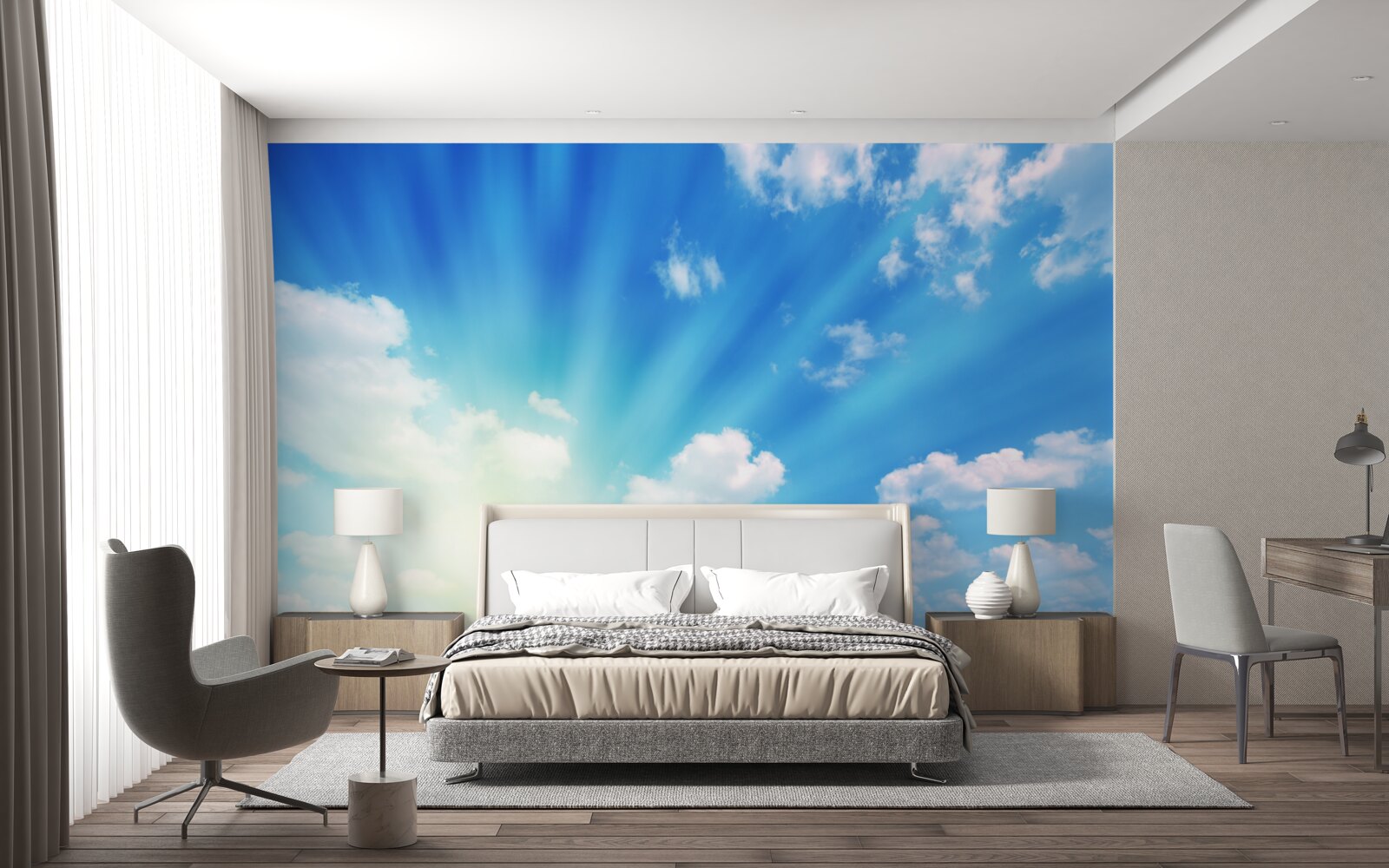 Fototapet razele strălucitoare ale soarelui strălucesc pe cerul albastru