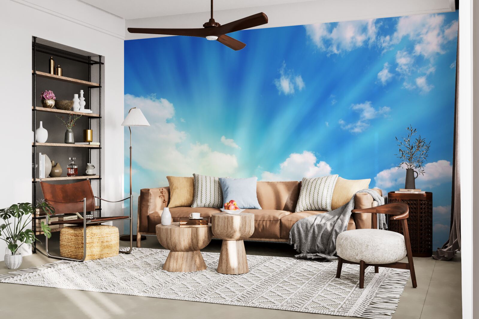 Fototapet razele strălucitoare ale soarelui strălucesc pe cerul albastru