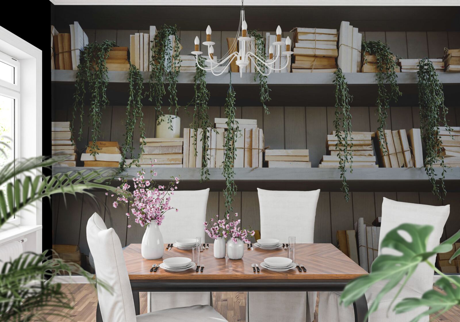 Fototapet rafturile cu cărți și plante verzi creează o atmosferă confortabilă