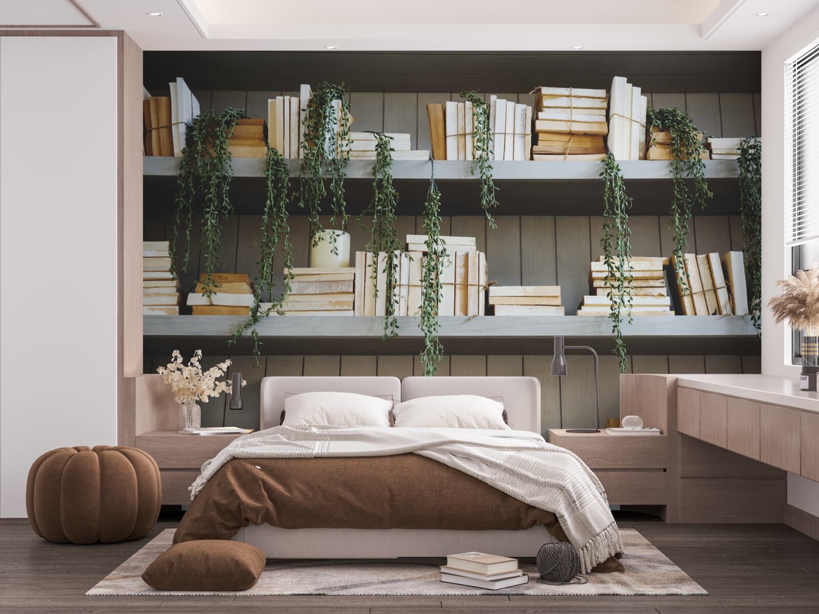 Fototapet rafturile cu cărți și plante verzi creează o atmosferă confortabilă