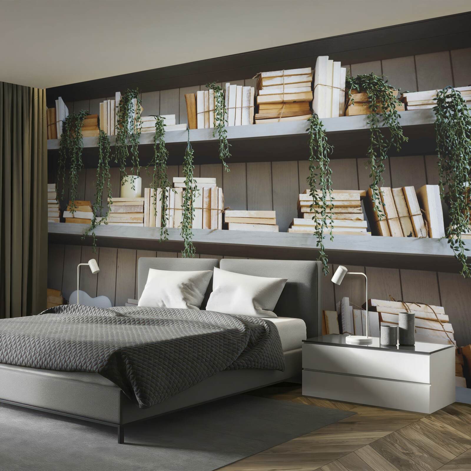 Fototapet rafturile cu cărți și plante verzi creează o atmosferă confortabilă