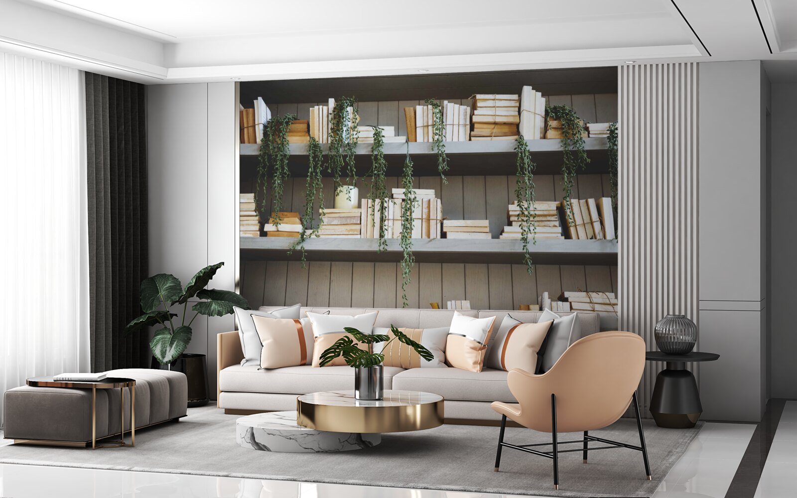 Fototapet rafturile cu cărți și plante verzi creează o atmosferă confortabilă