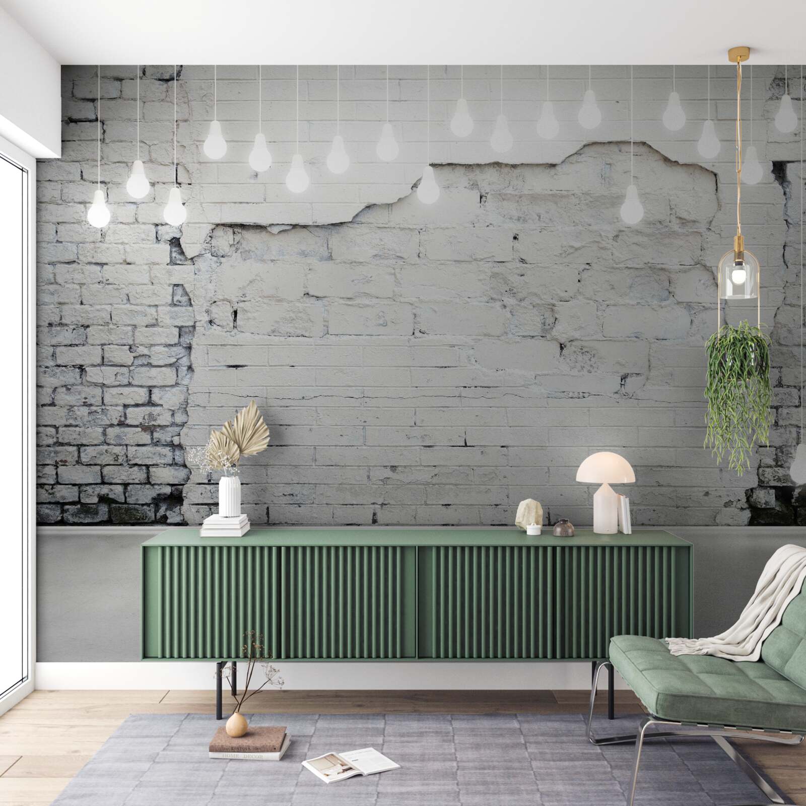 Fototapet perete de cărămidă albă și becuri pe el