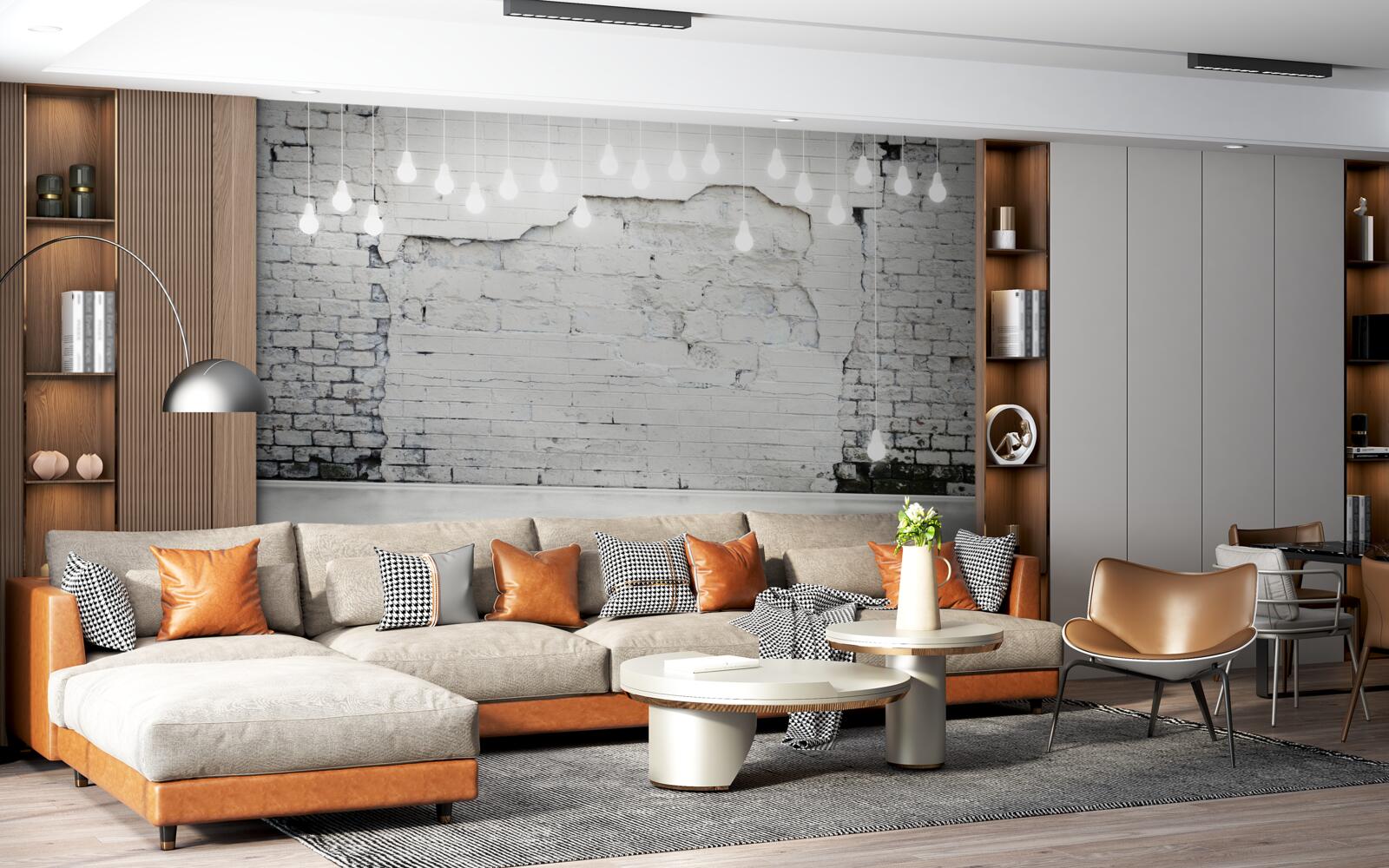 Fototapet perete de cărămidă albă și becuri pe el