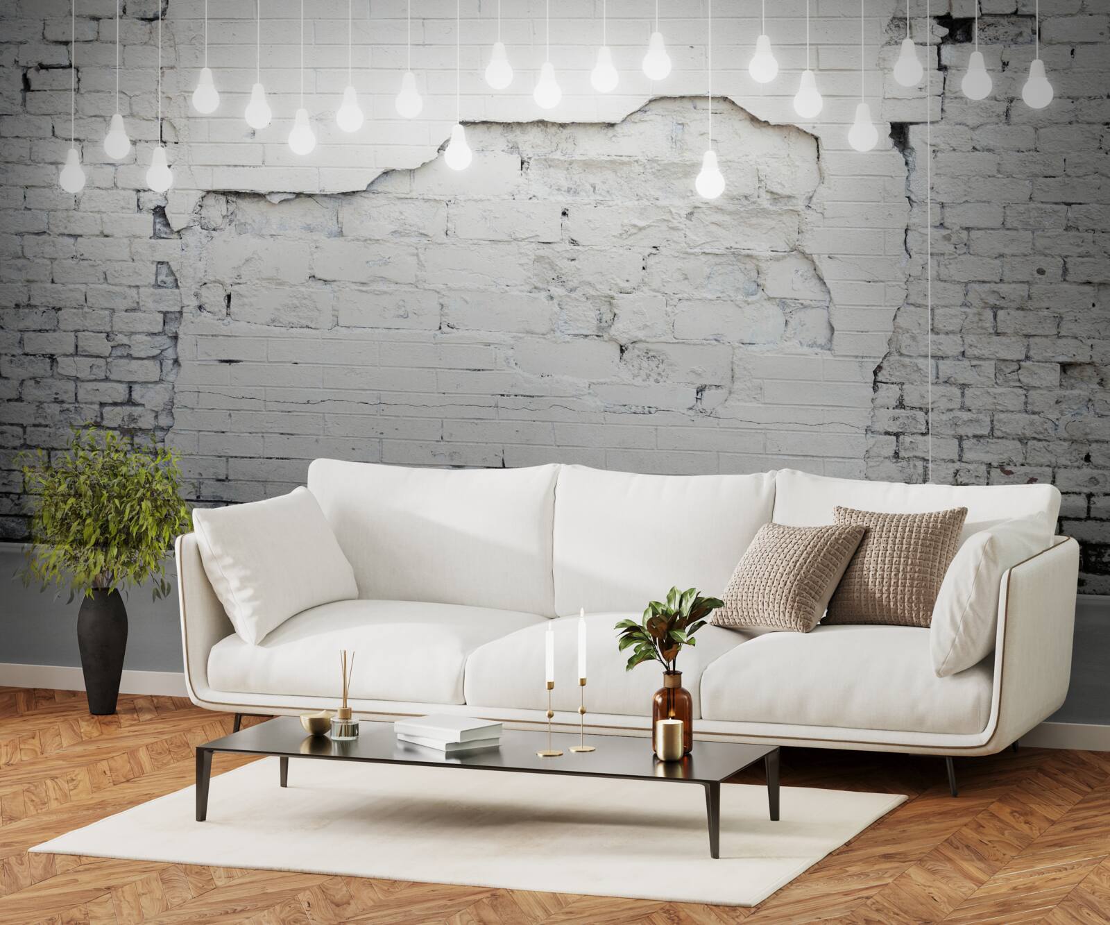 Fototapet perete de cărămidă albă și becuri pe el