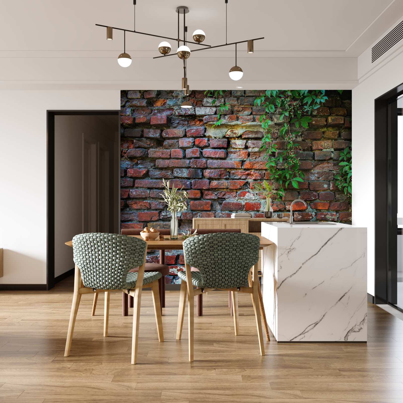 Fototapet zidul vechi de cărămidă este decorat cu verdeață