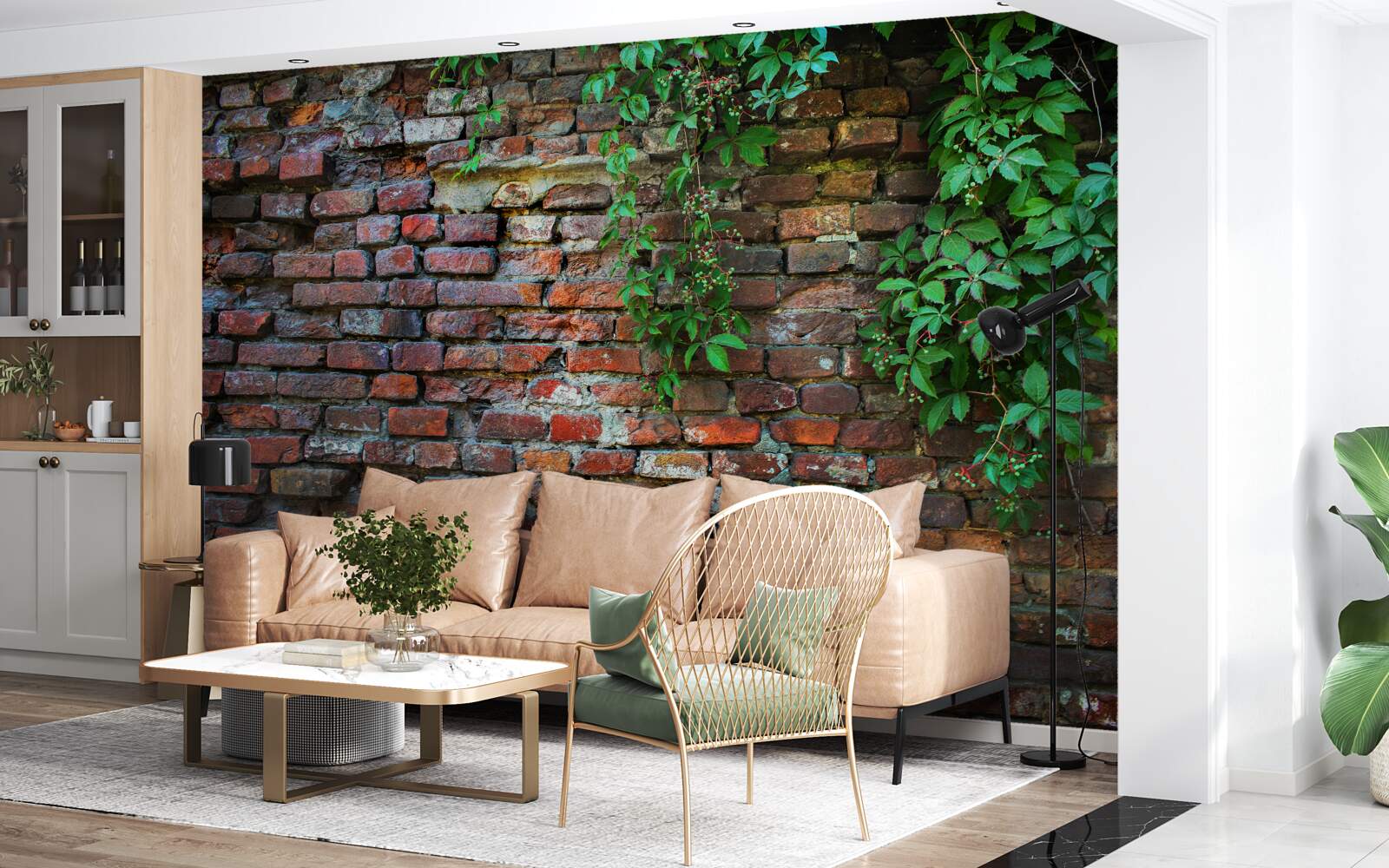 Fototapet zidul vechi de cărămidă este decorat cu verdeață