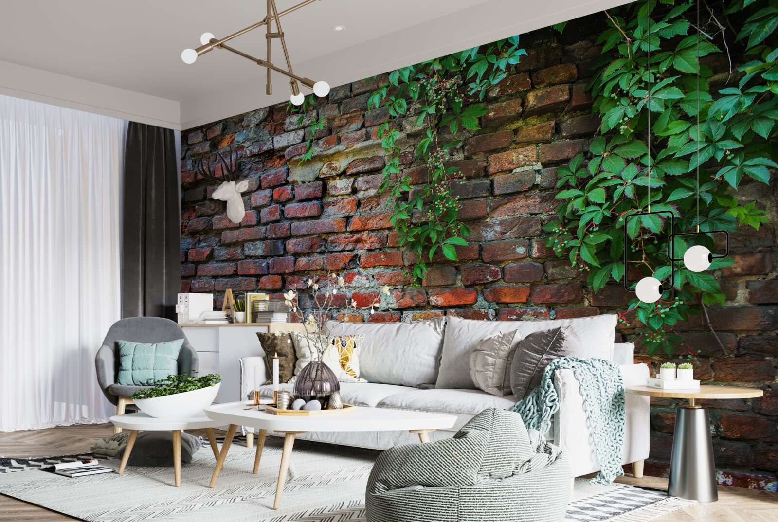 Fototapet zidul vechi de cărămidă este decorat cu verdeață