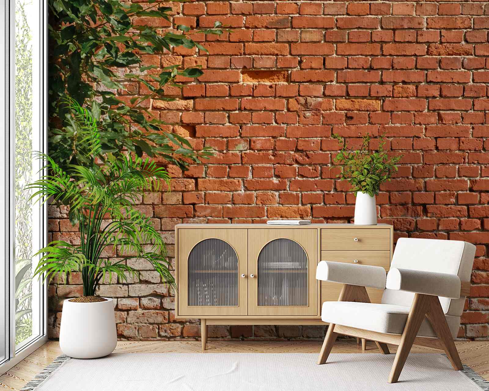 Fototapet o creangă de lemn lângă o barieră de cărămidă