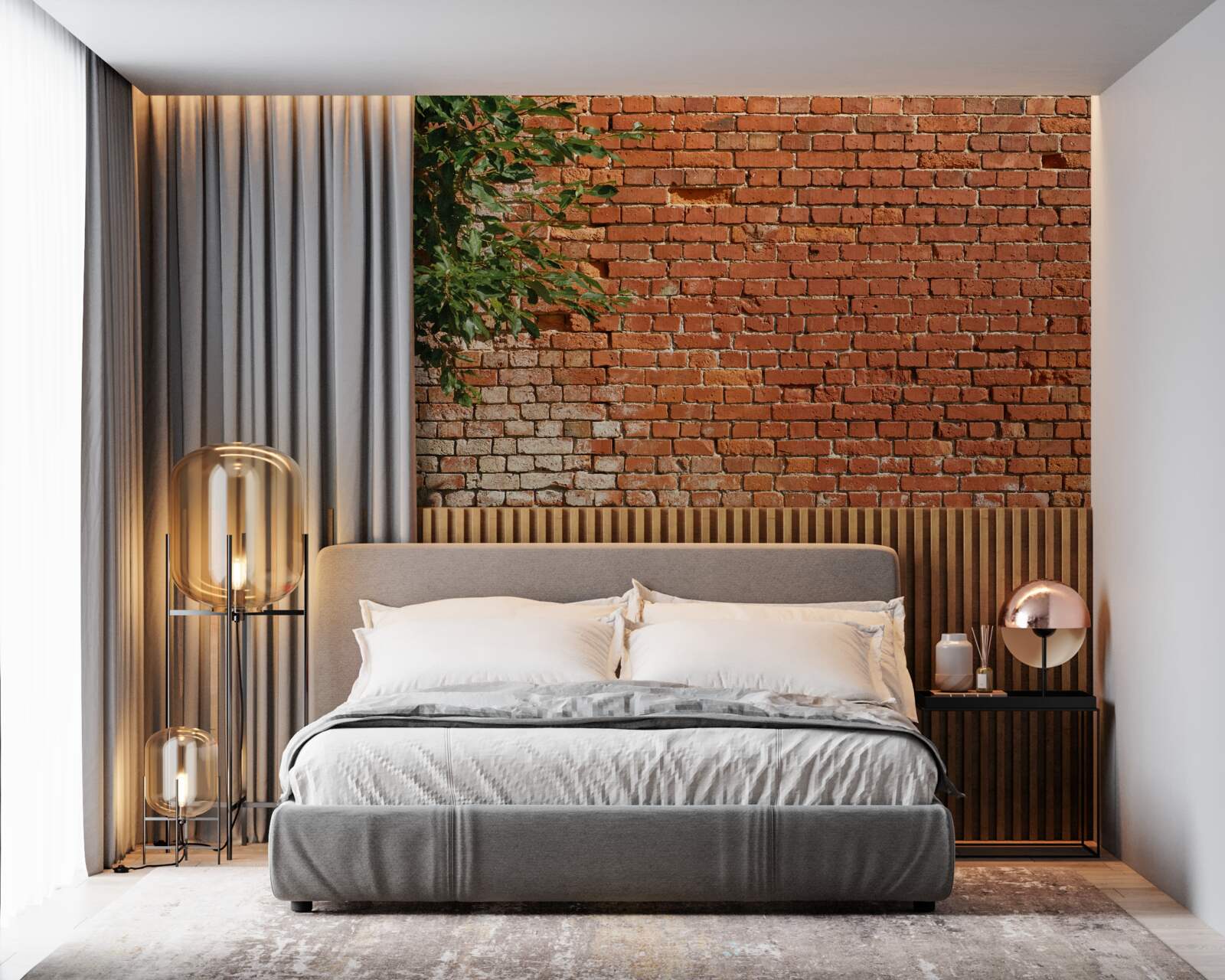 Fototapet o creangă de lemn lângă o barieră de cărămidă