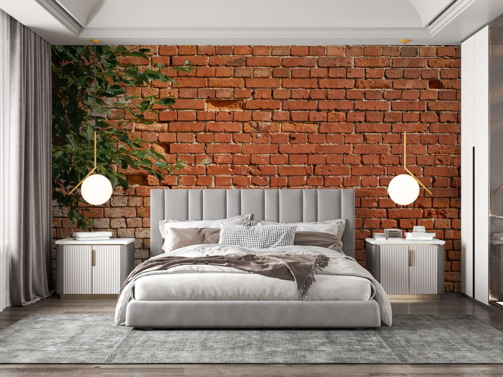 Fototapet o creangă de lemn lângă o barieră de cărămidă