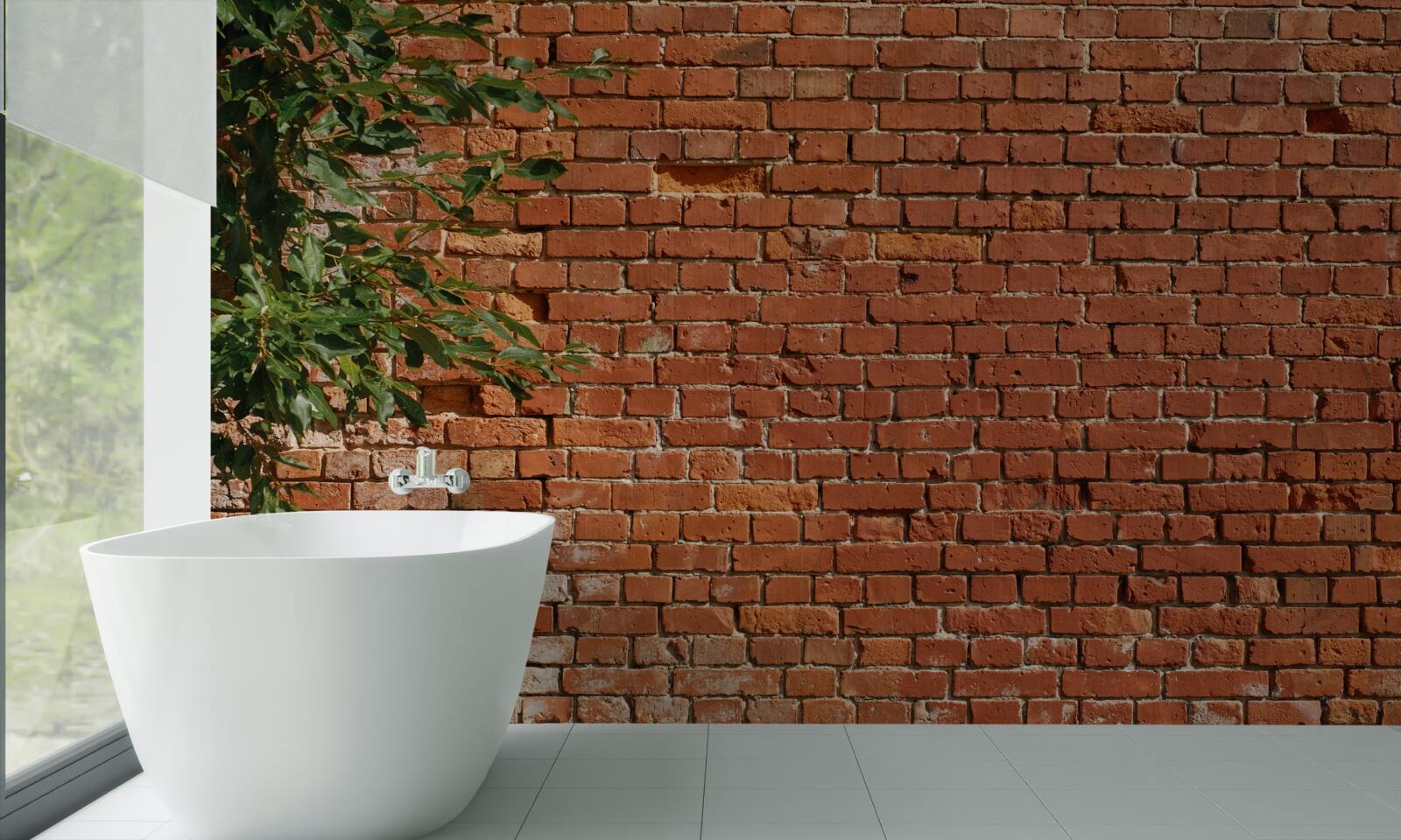 Fototapet o creangă de lemn lângă o barieră de cărămidă