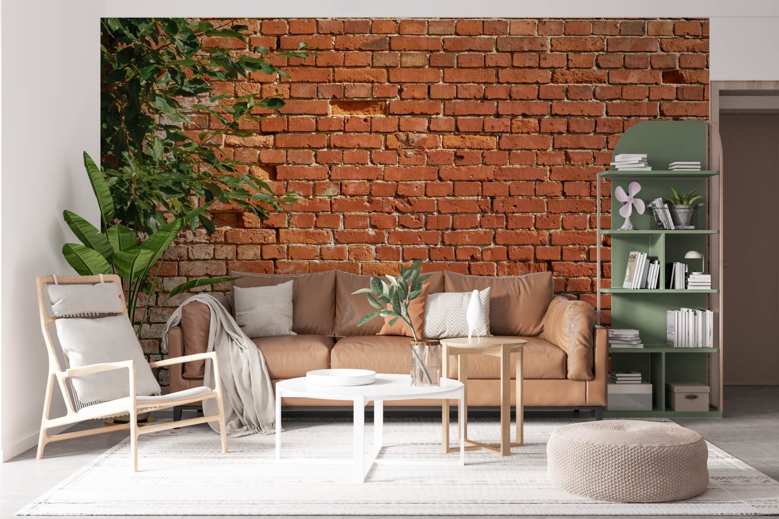 Fototapet o creangă de lemn lângă o barieră de cărămidă