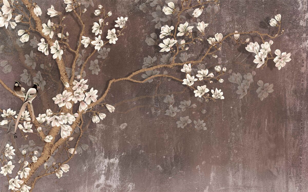 Fototapet două creaturi pasăre pe un copac acoperit cu flori