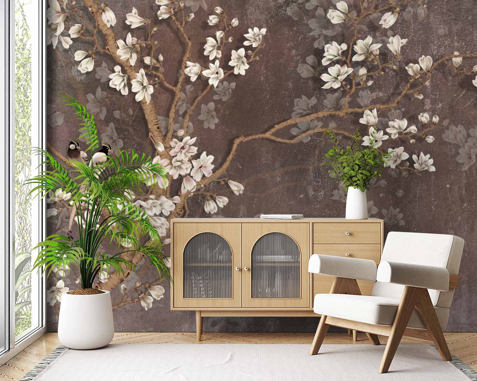 Fototapet două creaturi pasăre pe un copac acoperit cu flori