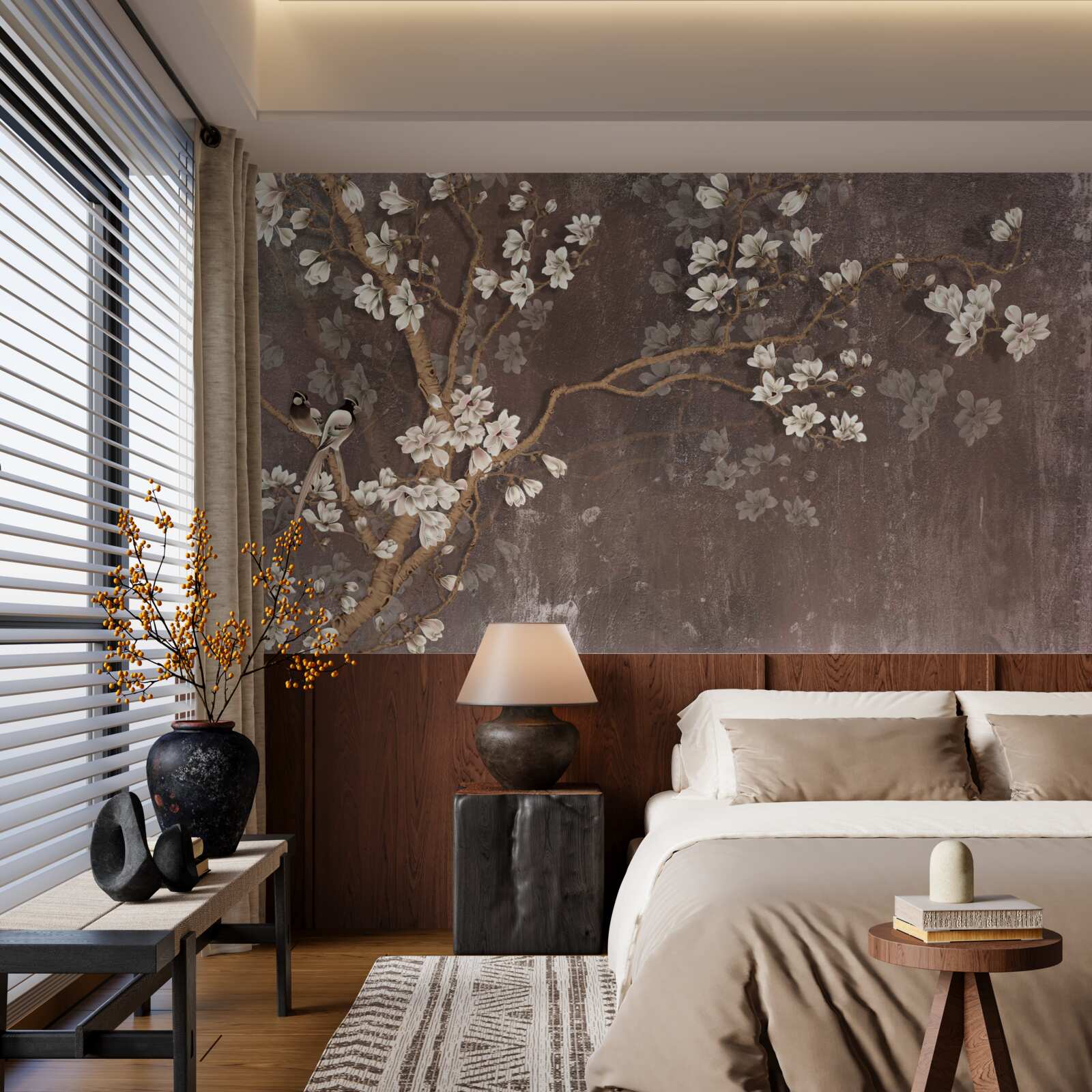 Fototapet două creaturi pasăre pe un copac acoperit cu flori