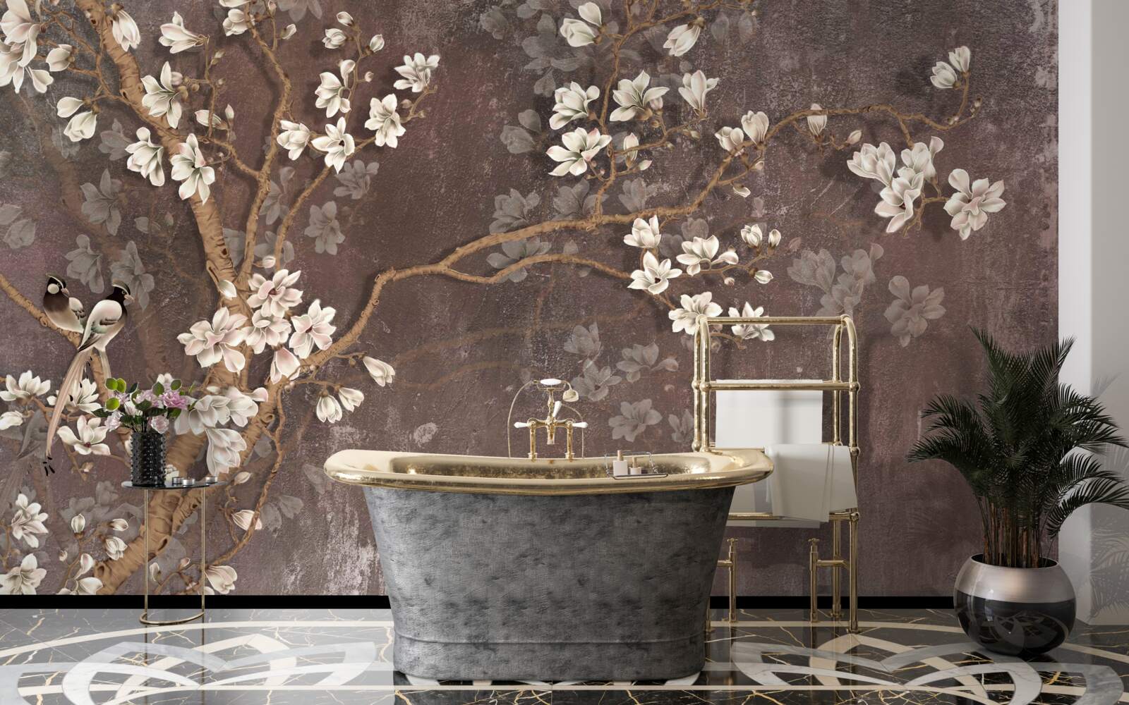 Fototapet două creaturi pasăre pe un copac acoperit cu flori