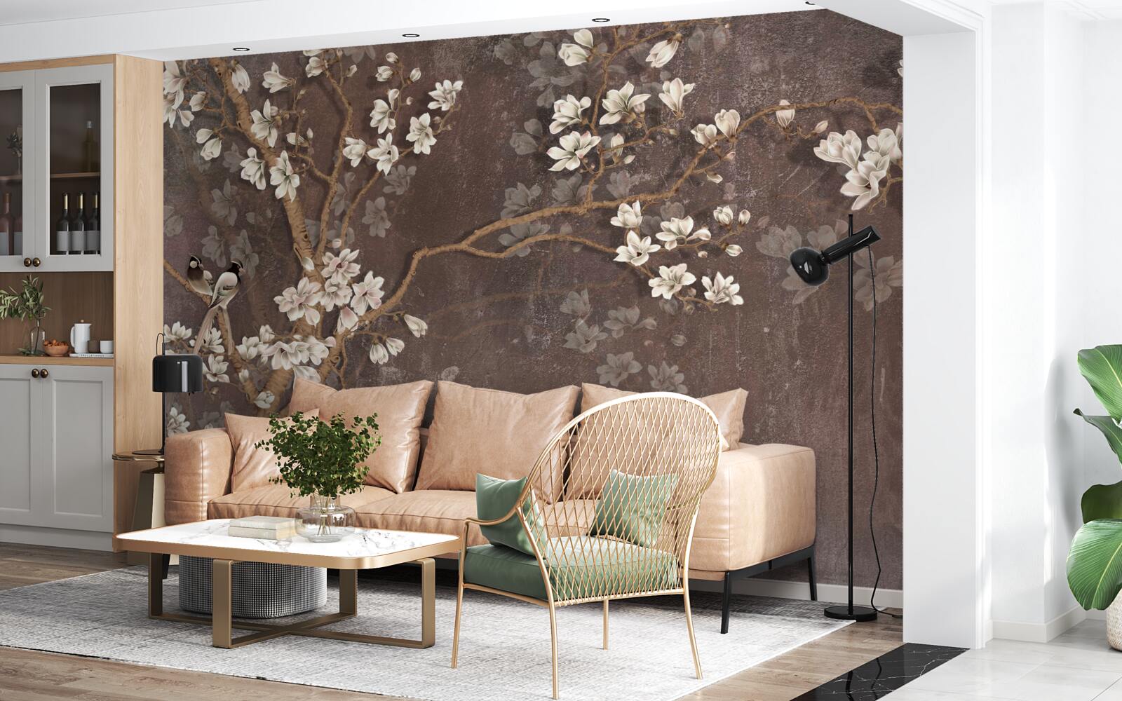 Fototapet două creaturi pasăre pe un copac acoperit cu flori