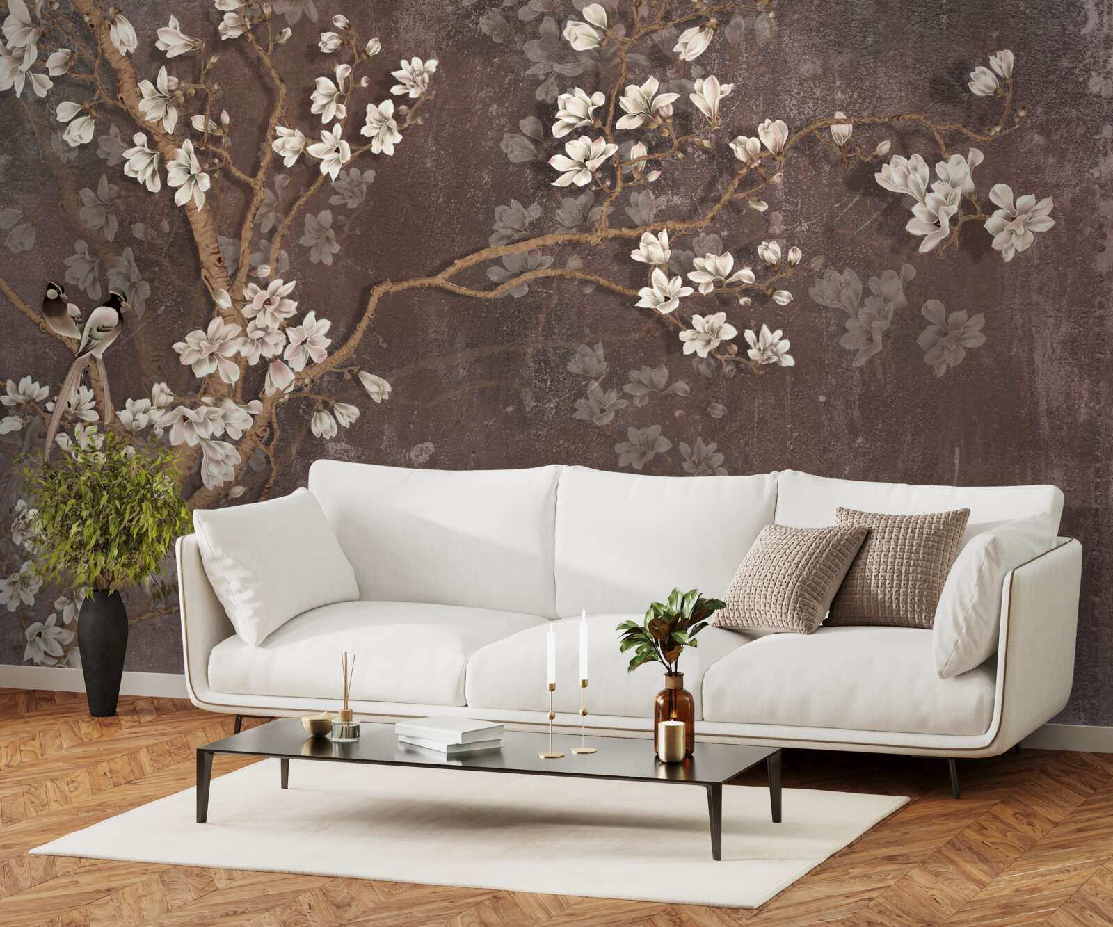 Fototapet două creaturi pasăre pe un copac acoperit cu flori