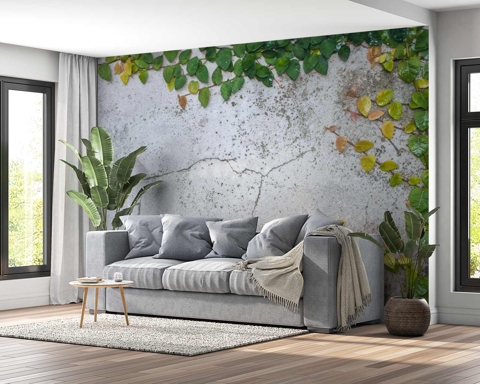 Fototapet frunzele sunt verde-galben pe un fond gri