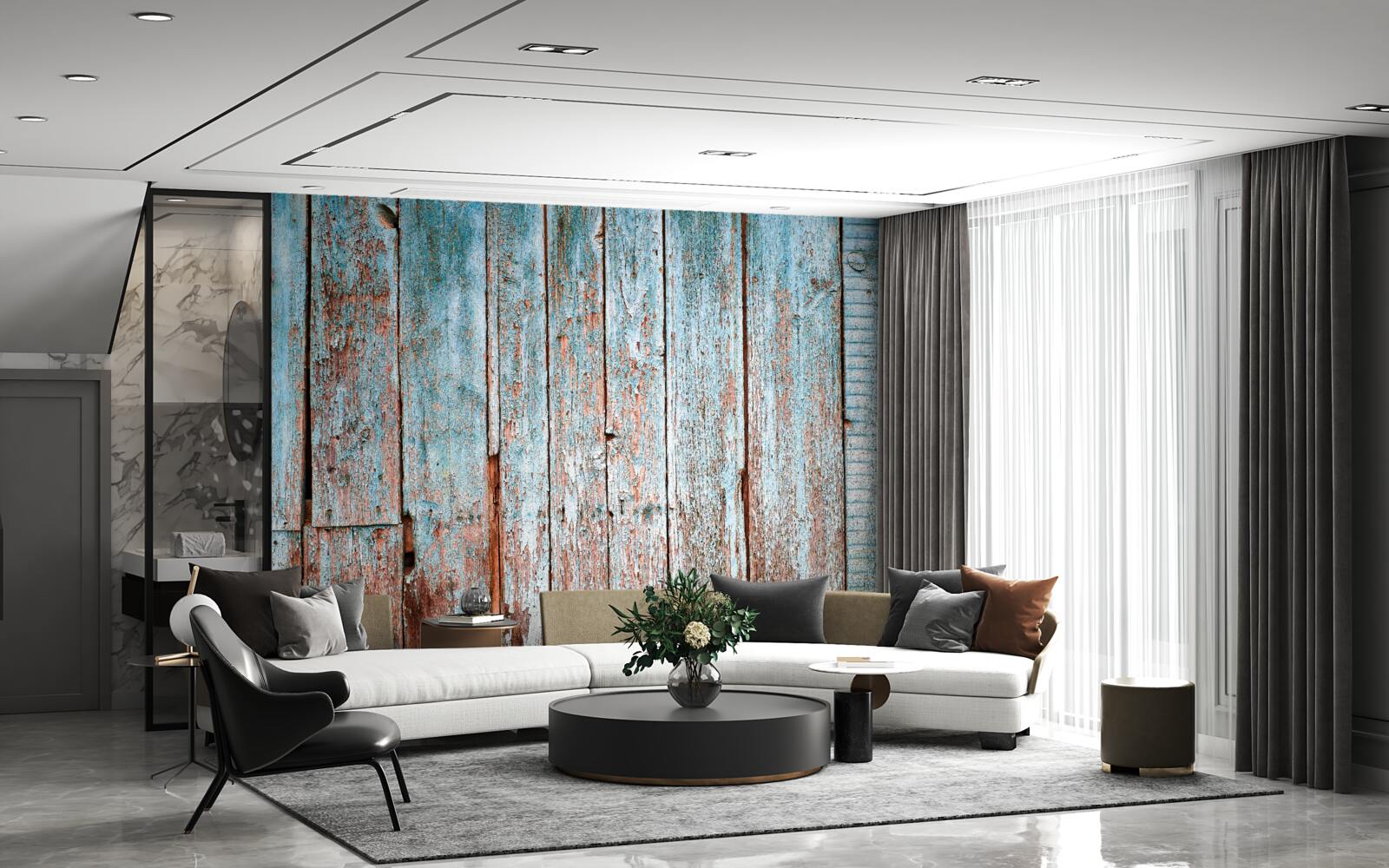 Fototapet fundal realizat din grinzi vechi în nuanțe de gri și albastru