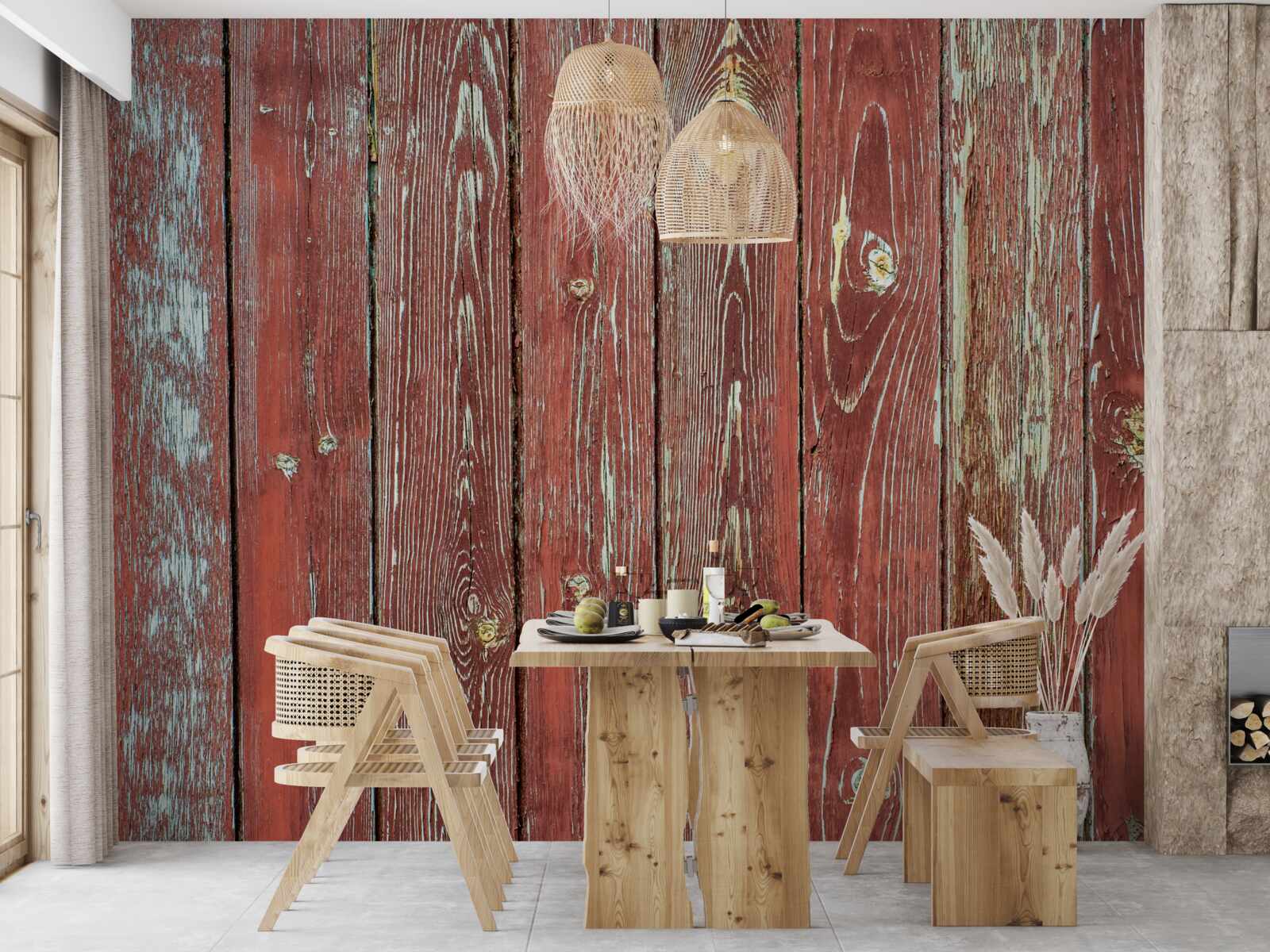 Fototapet fundalul din lemn este roșu și are un aspect antic