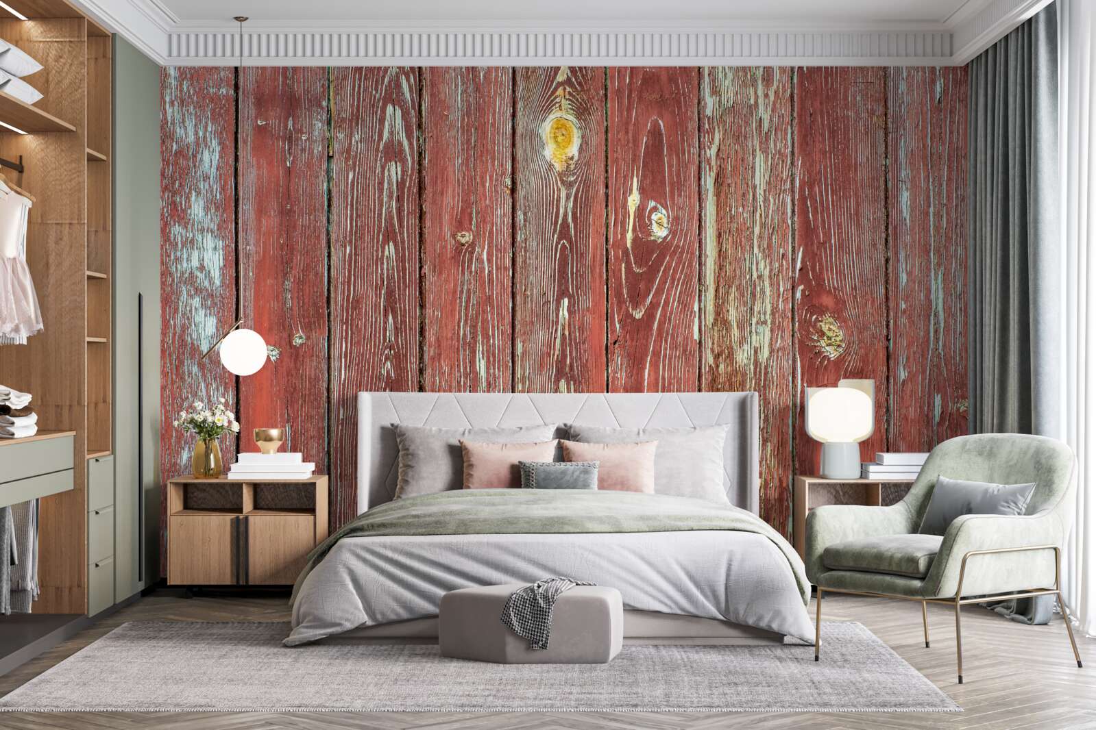 Fototapet fundalul din lemn este roșu și are un aspect antic