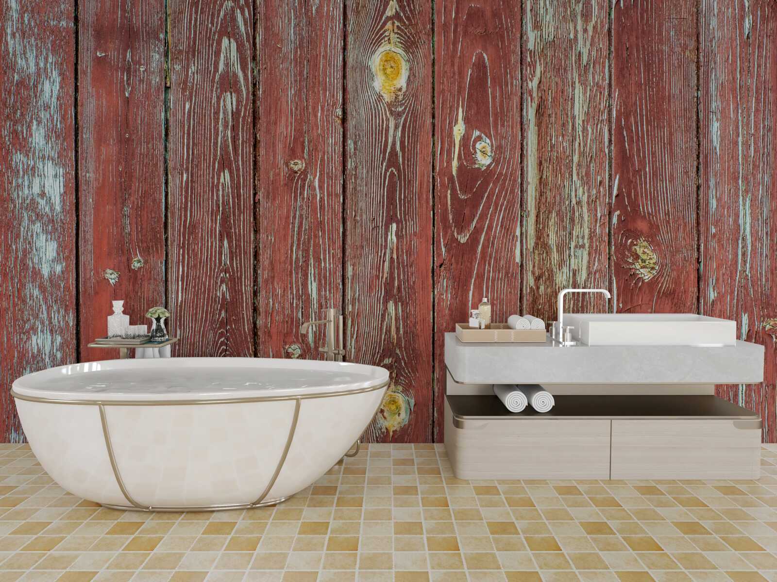 Fototapet fundalul din lemn este roșu și are un aspect antic