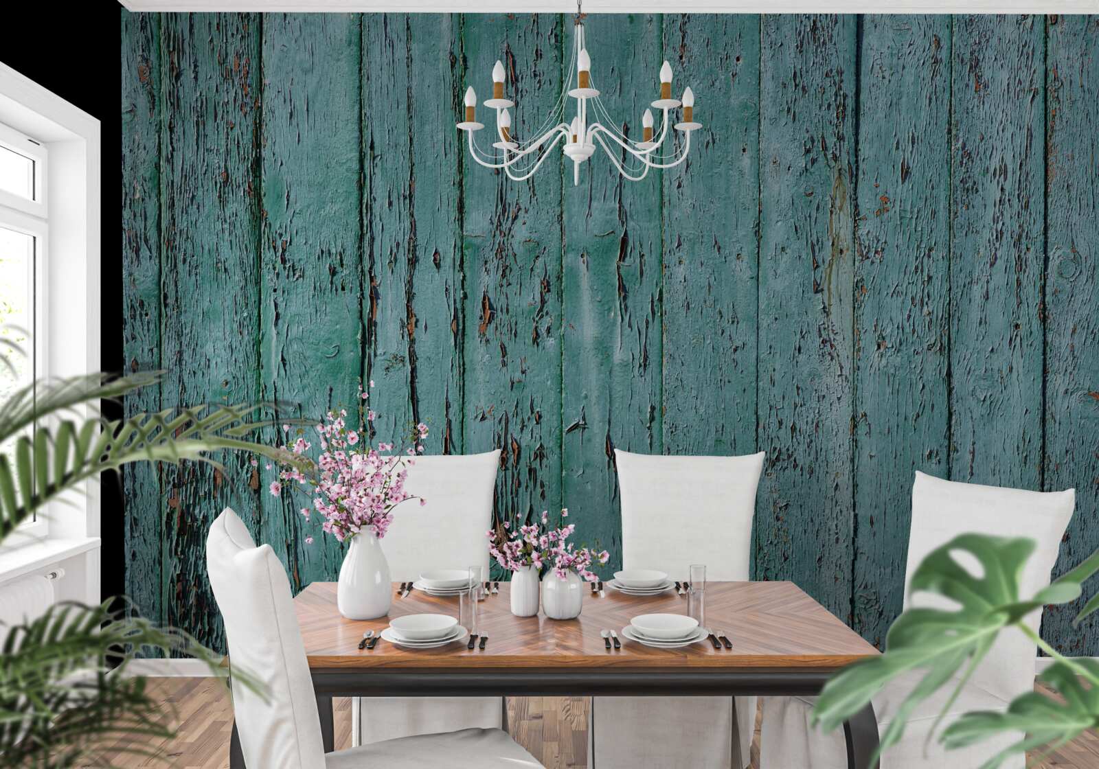 Fototapet scânduri de lemn, vopsite în verde mentă, vechi