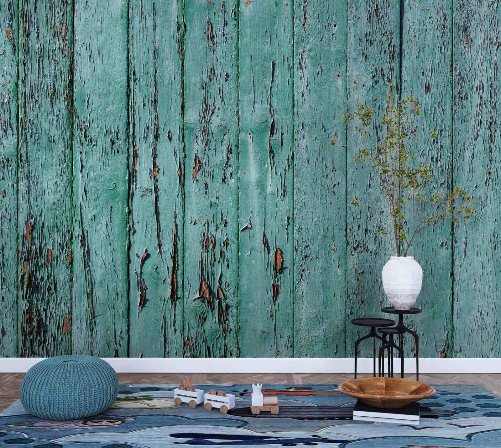 Fototapet scânduri de lemn, vopsite în verde mentă, vechi