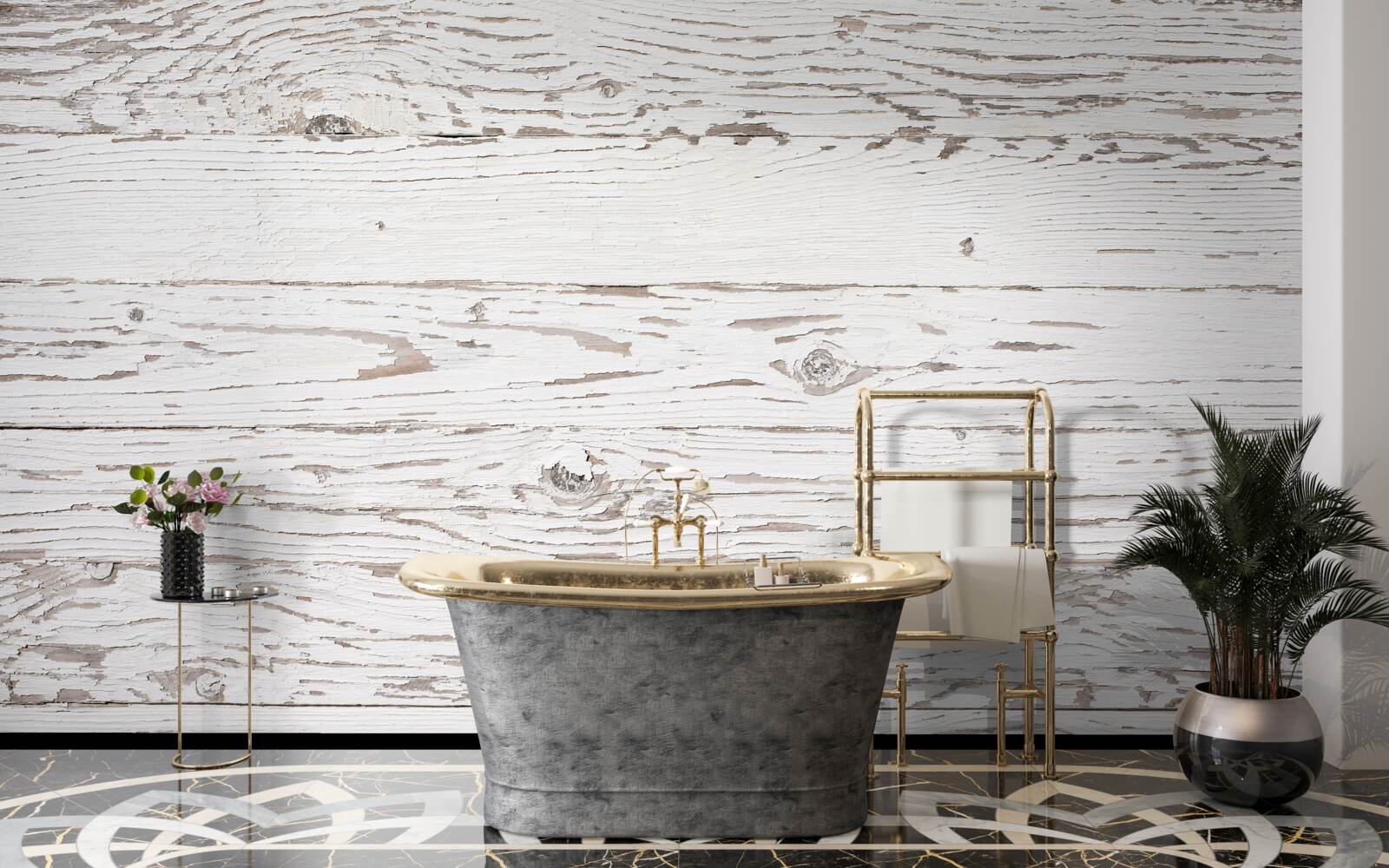 Fototapet placă de parchet antică spălată în alb