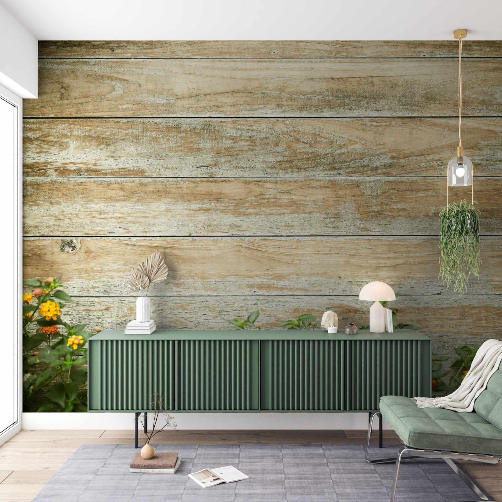 Fototapet flori galbene pe fundalul parchetului înconjurat de verdeață