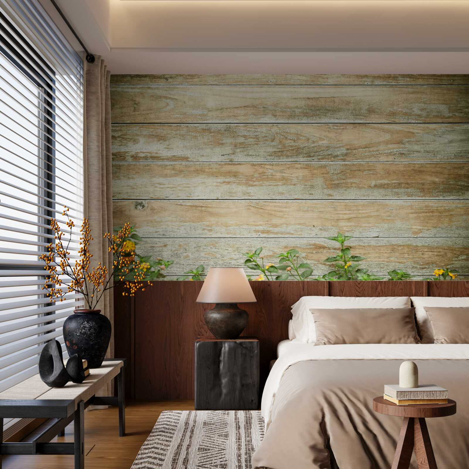 Fototapet flori galbene pe fundalul parchetului înconjurat de verdeață