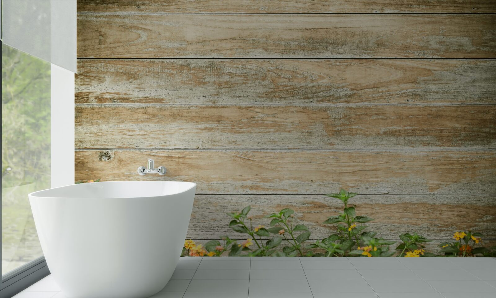 Fototapet flori galbene pe fundalul parchetului înconjurat de verdeață