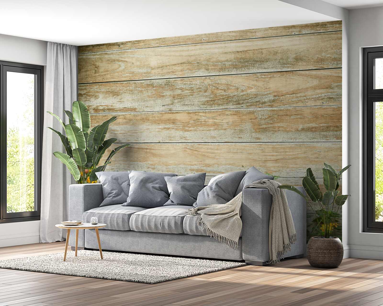 Fototapet flori galbene pe fundalul parchetului înconjurat de verdeață